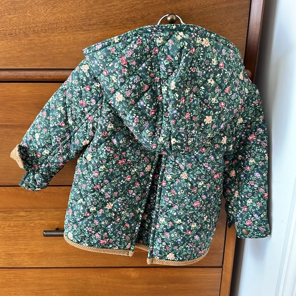Ralph Lauren Green Floral Quilted Hooded Jacket with Tan Trim
